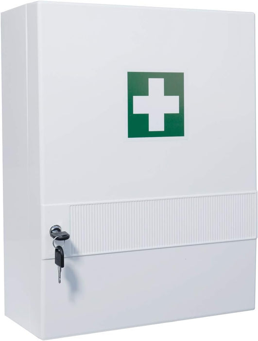 Erste Hilfe Verbandschrank (leer), Kunststoff - 10 Fächern (4 herausnehmbar), Sicherheitsschloss - 45 x 34,5 x 16 cm