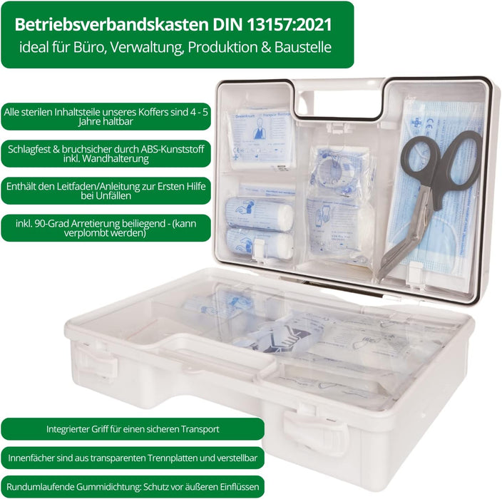 Erste Hilfe Kasten mit DIN 13157:2021 - MEDIUM (TYP M) in Weiß - mit Wandhalterung