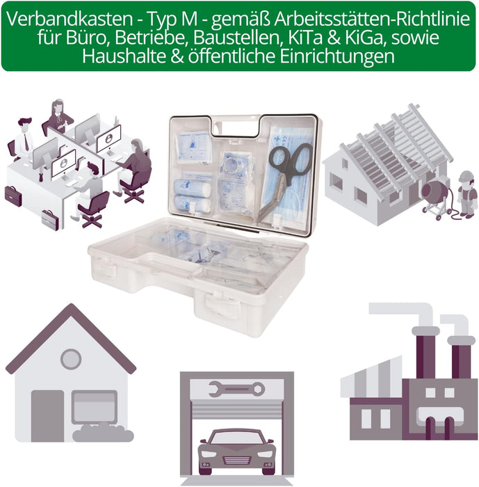 Erste Hilfe Kasten mit DIN 13157:2021 - MEDIUM (TYP M) in Weiß - mit Wandhalterung