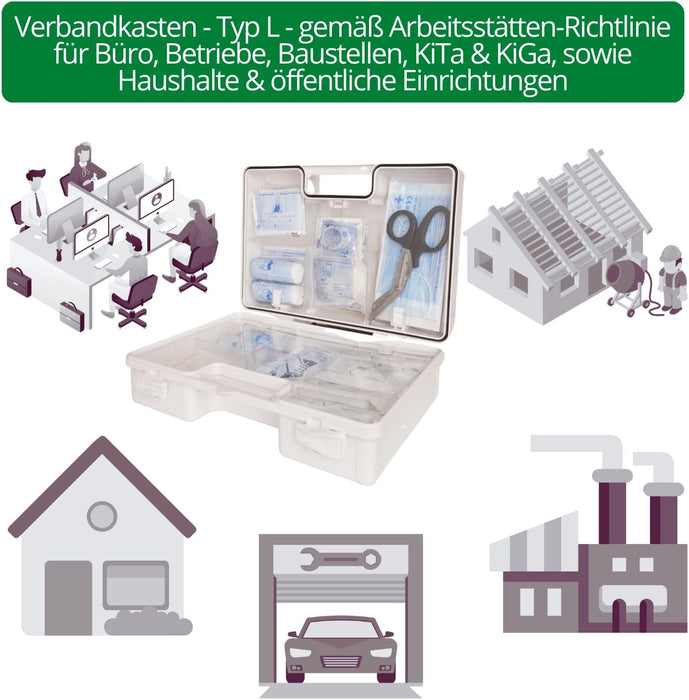 Erste Hilfe Kasten DIN 13169:2021 - LARGE (TYP L) in Weiss - mit Wandhalterung