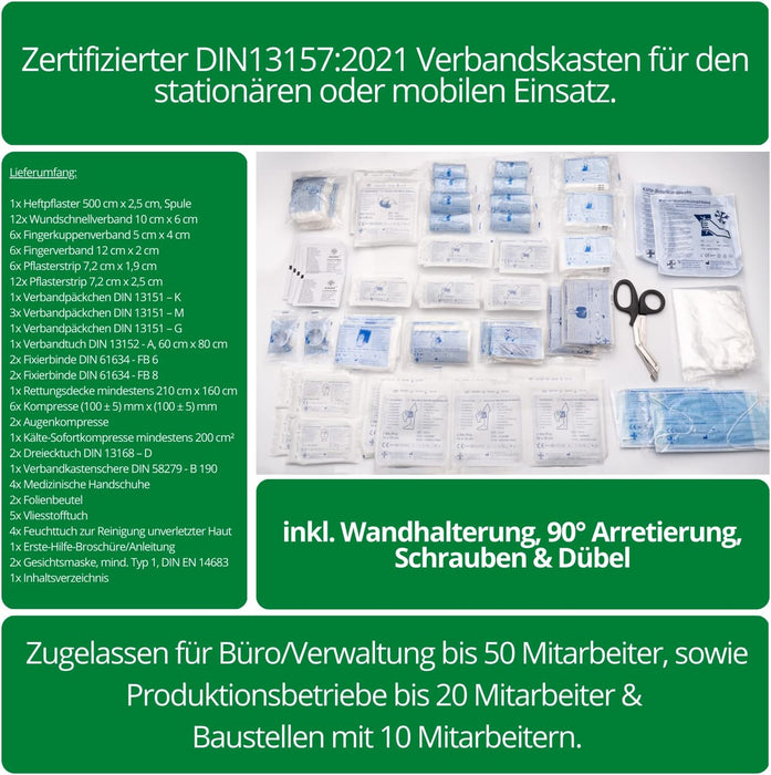 Erste Hilfe Kasten mit DIN 13157:2021 - MEDIUM (TYP M) in Weiß - mit Wandhalterung