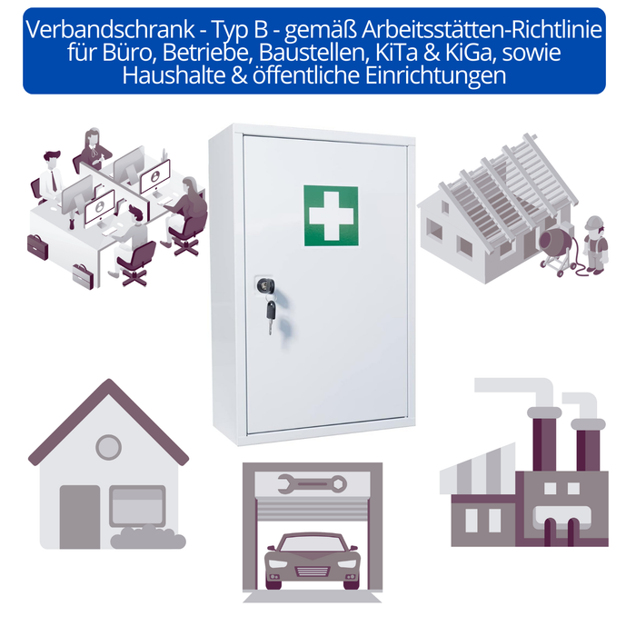 Erste Hilfe Verbandschrank B - 46 x 30 x 14 cm -  Metall (leer), mit 3 Fächern, Sicherheitsschloss