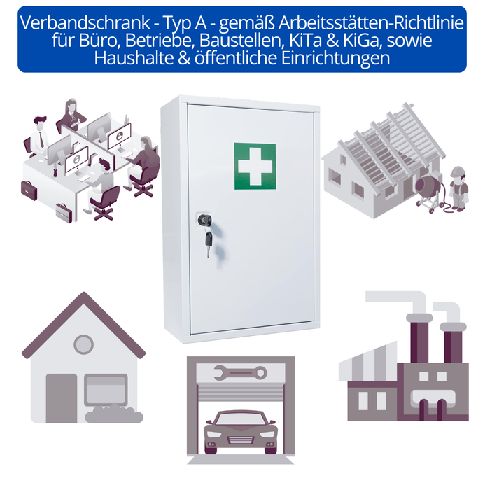 Erste Hilfe Verbandschrank A - 37 x 30 x 14 cm - Metall (leer) - 2 Fächern, Sicherheitsschloss