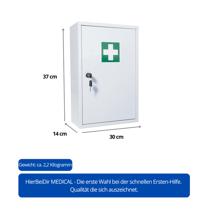 Erste Hilfe Verbandschrank A - 37 x 30 x 14 cm - Metall (leer) - 2 Fächern, Sicherheitsschloss